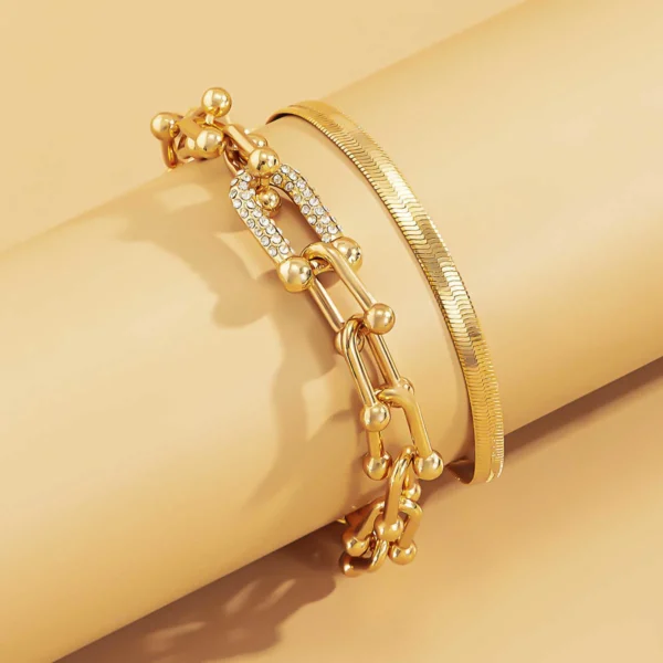 2Pcs/Set Fashion Statement Stylish Trendy Geometric Bracelet Gold U Chain Bracelet New Style Creative Bracelet 3