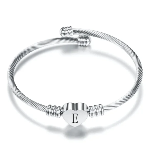 Fashion Initial Letter Stainless Steel Cuff Bracelet For Women 26 Alphabet Heart Charm Bangle Female Birthday Party Jewelry 6