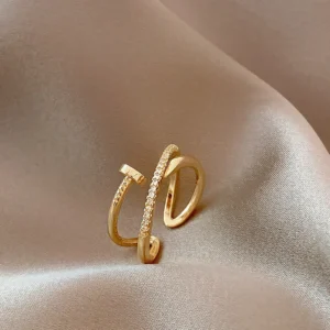 Classic Fashion Couple Ring, Copper Zirconia Women's Adjustable Ring, Fashion Gold Metal Crystal Needle Ring 1