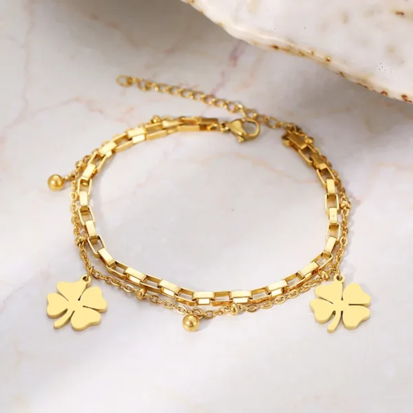 1PC Women's Fashion DIY Double layer Stainless Steel Four Leaf Flower Bracelet Jewelry Suitable for Date, Party, Festival Gifts 4