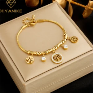 XIYANIKE 316L Stainless Steel Bracelet Golden Life Tree White Zircon Pendant Accessories for Women Simple Jewelry Gift Pulsera 1