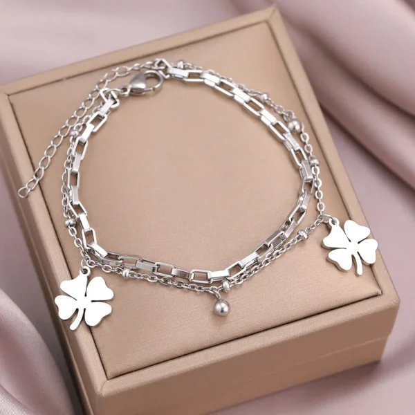 1PC Women's Fashion DIY Double layer Stainless Steel Four Leaf Flower Bracelet Jewelry Suitable for Date, Party, Festival Gifts 2