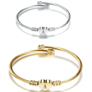 Fashion Initial Letter Stainless Steel Cuff Bracelet For Women 26 Alphabet Heart Charm Bangle Female Birthday Party Jewelry 1