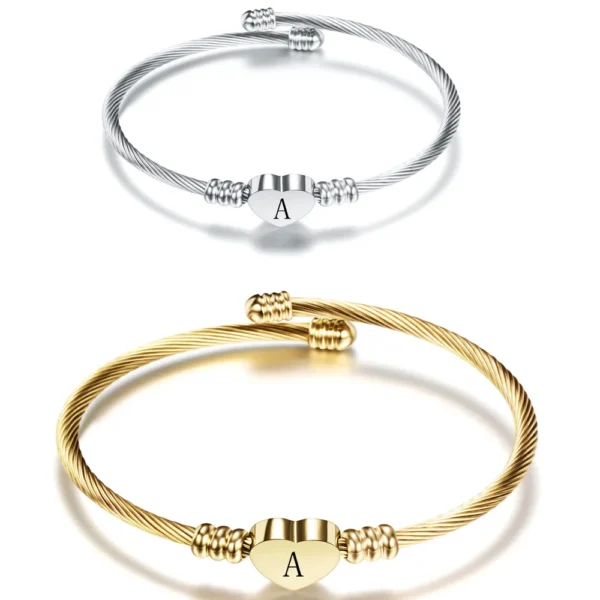 Fashion Initial Letter Stainless Steel Cuff Bracelet For Women 26 Alphabet Heart Charm Bangle Female Birthday Party Jewelry 1