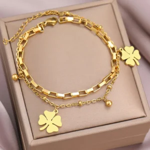 1PC Women's Fashion DIY Double layer Stainless Steel Four Leaf Flower Bracelet Jewelry Suitable for Date, Party, Festival Gifts 1