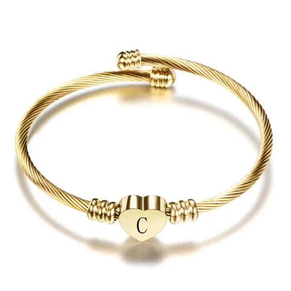 Fashion Initial Letter Stainless Steel Cuff Bracelet For Women 26 Alphabet Heart Charm Bangle Female Birthday Party Jewelry 4
