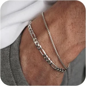 Mens Bracelet 2pcs Bracelets Set with Box Chain & Cuban Link, Stainless Steel Jewelry Gifts for Men - Dad, Boyfriend, Husband. 1
