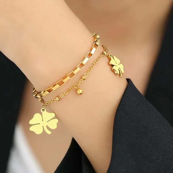 1PC Women's Fashion DIY Double layer Stainless Steel Four Leaf Flower Bracelet Jewelry Suitable for Date, Party, Festival Gifts 3