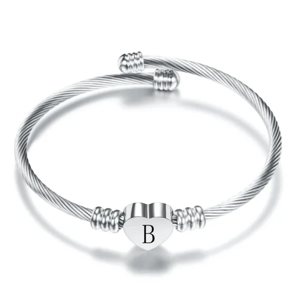 Fashion Initial Letter Stainless Steel Cuff Bracelet For Women 26 Alphabet Heart Charm Bangle Female Birthday Party Jewelry 3